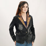 ADBZ049 Genuine leather Hand tooled hand carved Women 100% cotton Denim Blazer dress jacket ladies Girl