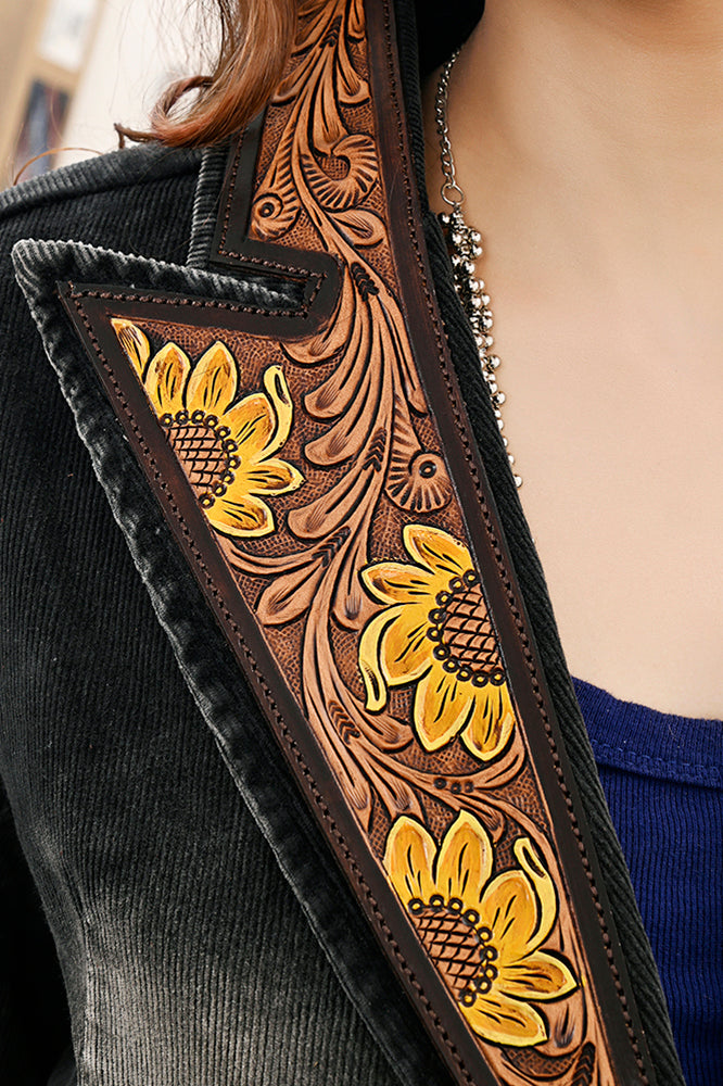 American Darling Genuine leather Hand tooled carved Women 100% cotton Denim Blazer dress jacket ladies | Vintage