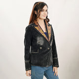 ADBZ049 Genuine leather Hand tooled hand carved Women 100% cotton Denim Blazer dress jacket ladies Girl