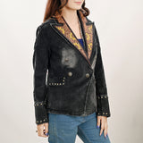 ADBZ049 Genuine leather Hand tooled hand carved Women 100% cotton Denim Blazer dress jacket ladies Girl