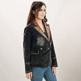 ADBZ049 Genuine leather Hand tooled hand carved Women 100% cotton Denim Blazer dress jacket ladies Girl