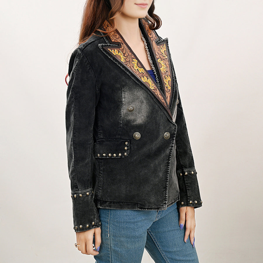 American Darling Genuine leather Hand tooled carved Women 100% cotton Denim Blazer dress jacket ladies | Vintage