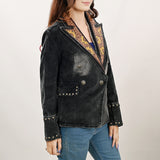 ADBZ049 Genuine leather Hand tooled hand carved Women 100% cotton Denim Blazer dress jacket ladies Girl