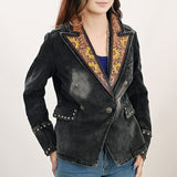 ADBZ049 Genuine leather Hand tooled hand carved Women 100% cotton Denim Blazer dress jacket ladies Girl