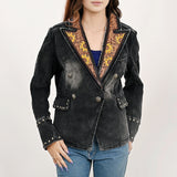 ADBZ049 Genuine leather Hand tooled hand carved Women 100% cotton Denim Blazer dress jacket ladies Girl