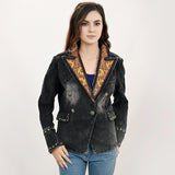 ADBZ049 Genuine leather Hand tooled hand carved Women 100% cotton Denim Blazer dress jacket ladies Girl