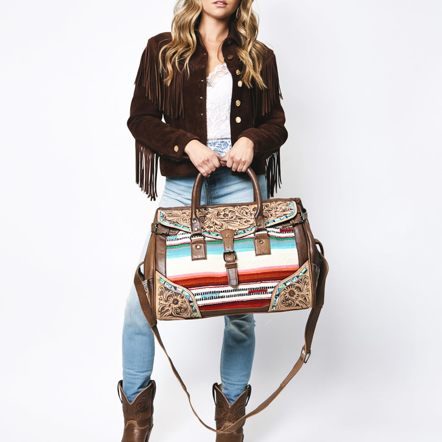 American Darling Western Duffel Bag Hand Tooled Genuine Leather Woven Saddle Blanket Travel Bag 12in (H) X 17in (W) X 8in (D)
