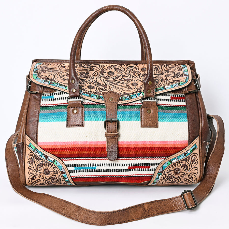 American Darling Western Duffel Bag Hand Tooled Genuine Leather Woven Saddle Blanket Travel Bag 12in (H) X 17in (W) X 8in (D)