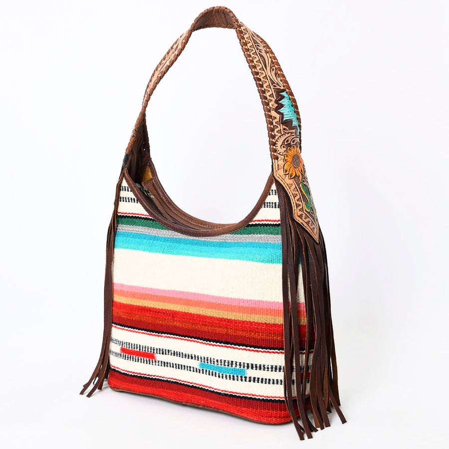 American Darling Hobo Bag for Women, Hand Tooled Floral Leather & Hair-On Cowhide Western Purse with Fringes & YKK Zipper