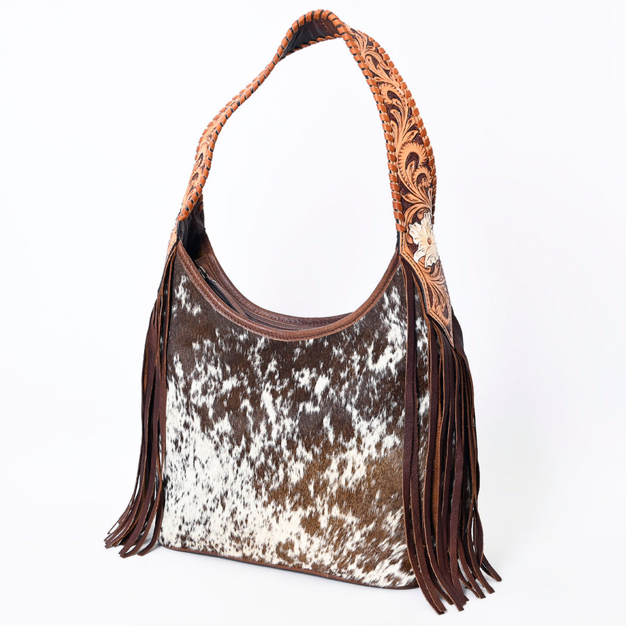 American Darling Hobo Bag for Women, Hand Tooled Floral Leather & Hair-On Cowhide Western Purse with Fringes & YKK Zipper