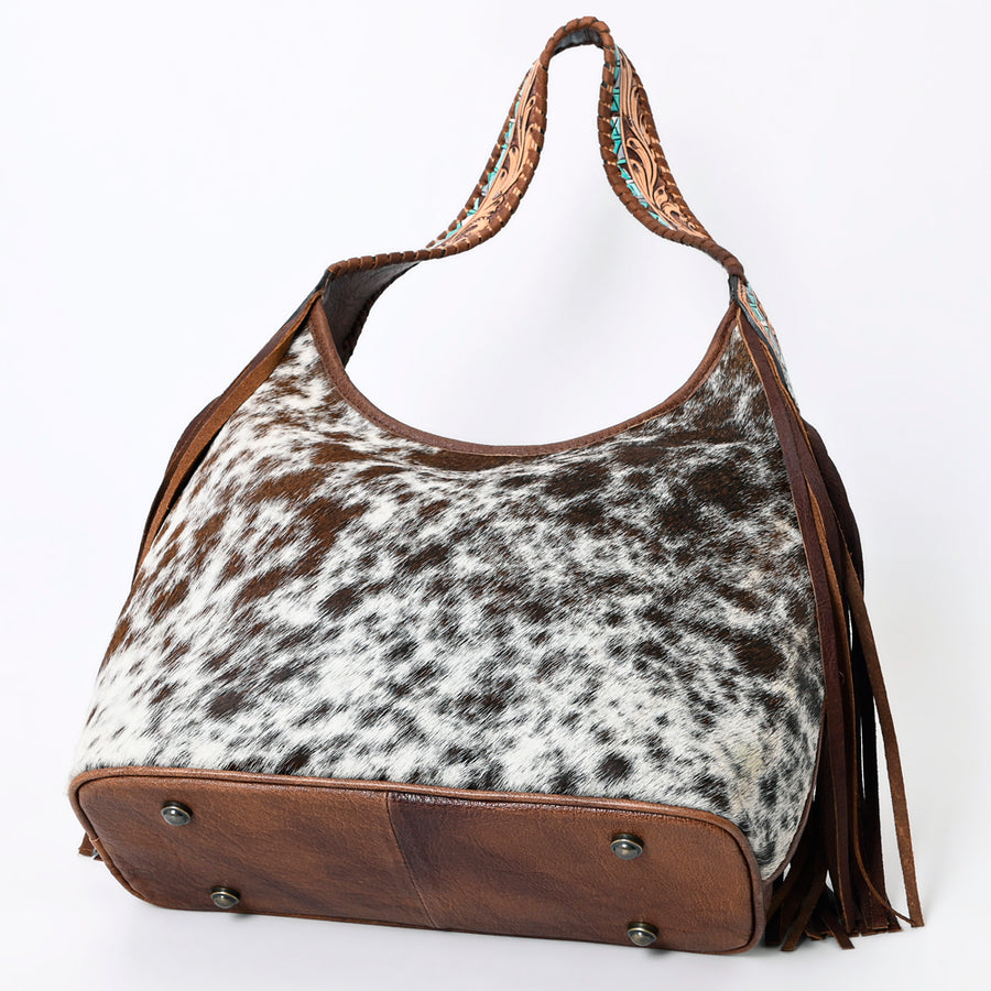 American Darling Hobo Bag for Women, Hand Tooled Floral Leather & Hair-On Cowhide Western Purse with Fringes & YKK Zipper