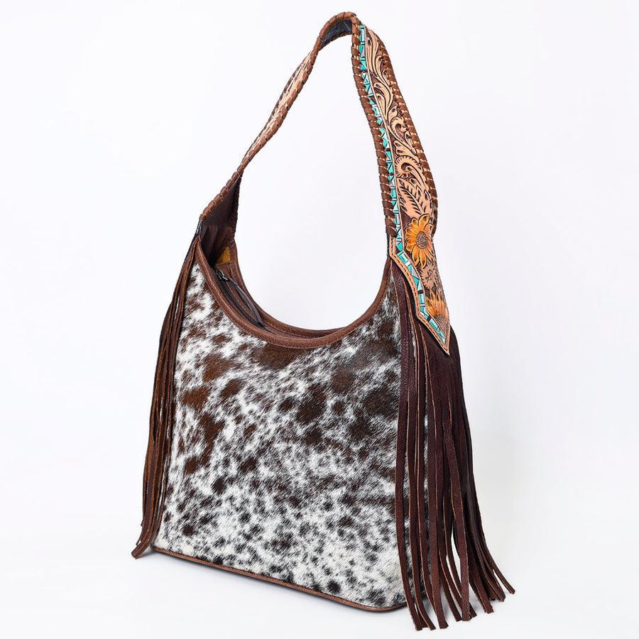 American Darling Western Leather Hobo Bag - Hand Tooled Cowhide and Fringe Purse - Uhorse