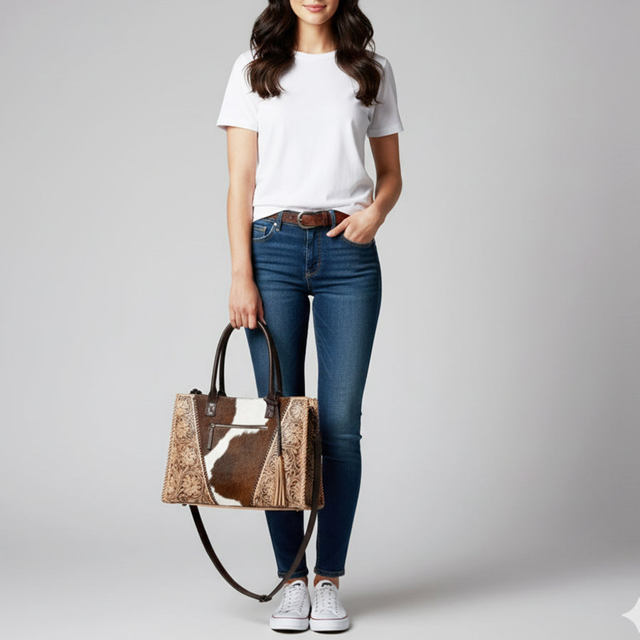 American Darling Tote Hand Tooled Hair on Genuine Leather Western Women Bag Handbag Purse | Travel Bags