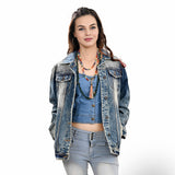 ADJKT030 Genuine leather Hand tooled hand carved Women 100% cotton Denim jacket  dress ladies girl