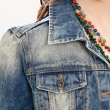 ADJKT030 Genuine leather Hand tooled hand carved Women 100% cotton Denim jacket dress ladies girl