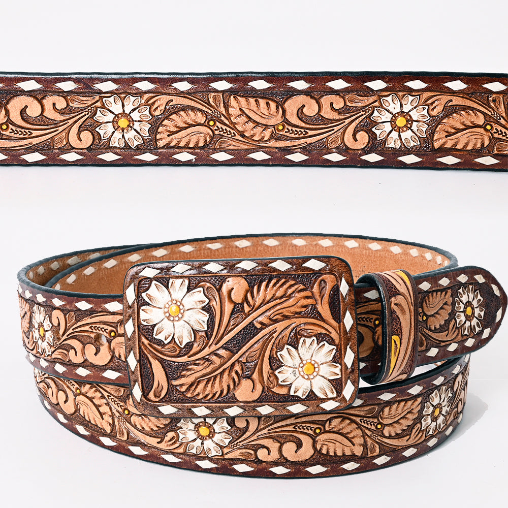 American Darling Beautifully Hand Tooled Brown Genuine American Leather  Belt Men and Women Western Belt with Removable Buckle - Large