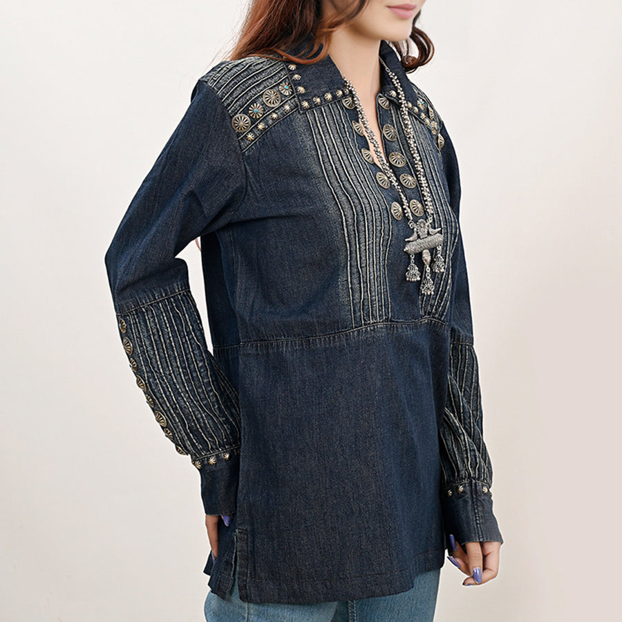 American Darling ADDR001 100% Cotton Denim Women Shirt Jacket Dress Ladies Girl Top