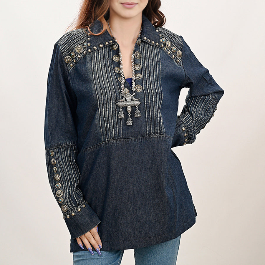 American Darling ADDR001 100% Cotton Denim Women Shirt Jacket Dress Ladies Girl Top - Uhorse