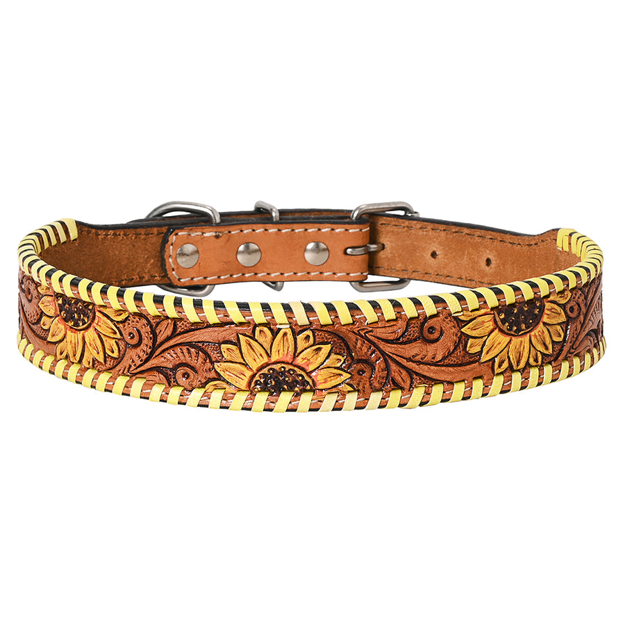 HILASON Western Genuine Leather Heavy Duty Dog Collar Floral Sunflower Tooled Tan Medium - Uhorse
