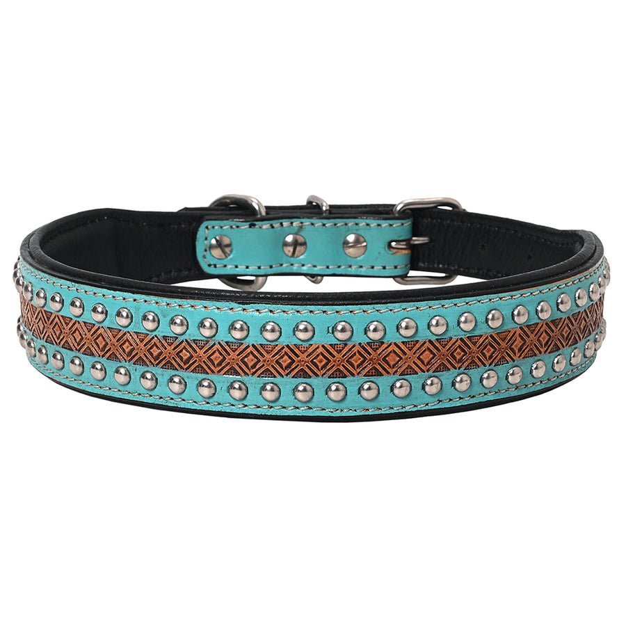 Medium Hilason Western Hand Painted Genuine Leather Dog Collar Turquoise - Uhorse