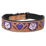 medium Hilason Floral Heart Hand Painted Genuine Leather Dog Collar Blue White - Uhorse