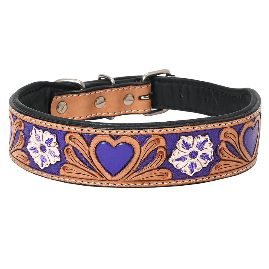 large Hilason Floral Heart Hand Painted Genuine Leather Dog Collar Blue White - Uhorse