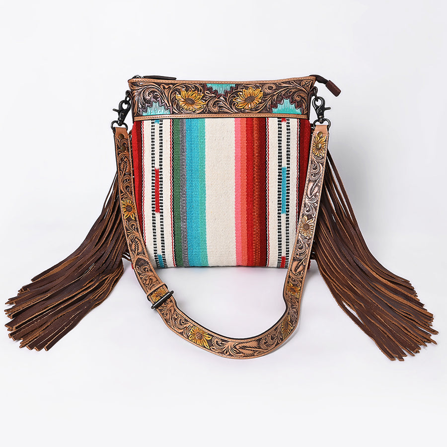 American Darling Large Cross body Bag, Hand Tooled Floral Leather, Hand Woven Saddle Blanket with Fringes, Western Crossbody