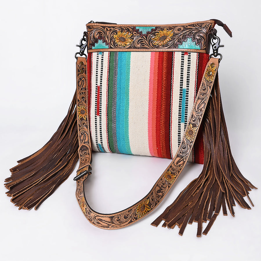 American Darling Large Cross body Bag - Hand Tooled Floral Leather and Woven Saddle Blanket Purse - Uhorse