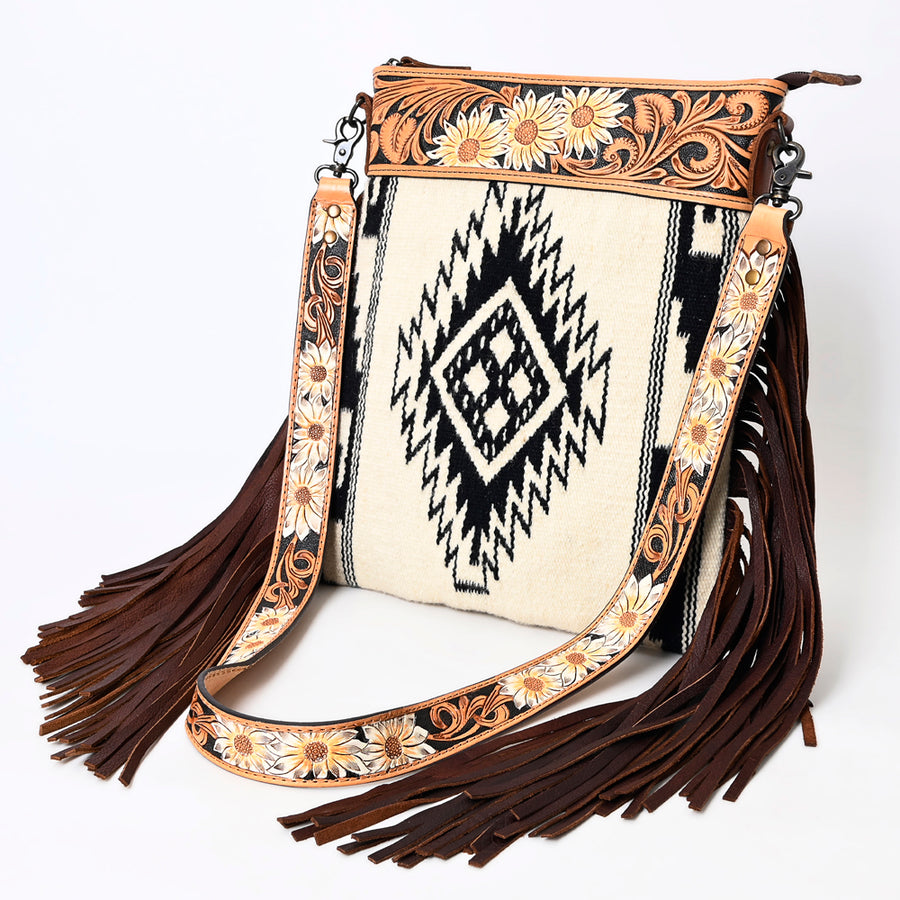 American Darling Large Cross body Bag - Hand Tooled Floral Leather and Woven Saddle Blanket Purse - Uhorse