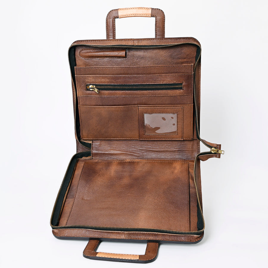 American Darling Western Briefcase Bag Hand Tooled Floral Carved Genuine Leather Office Organizer 10.5in (H) X 13in (W) X 1.5in (D)