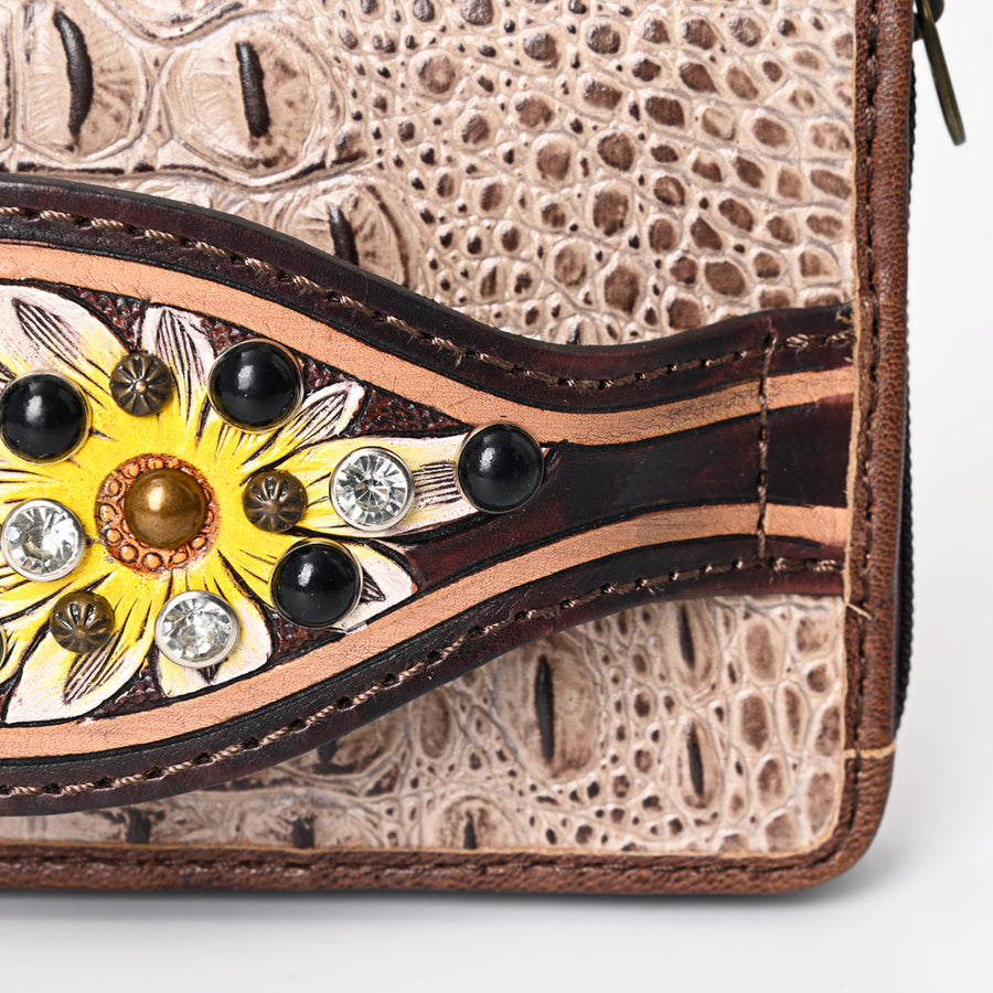 American Darling Western Organizer Bag Crocodile Embossed Hand Tooled Floral Carved Genuine Leather Wallet 4.5in (H) X 8in (W)