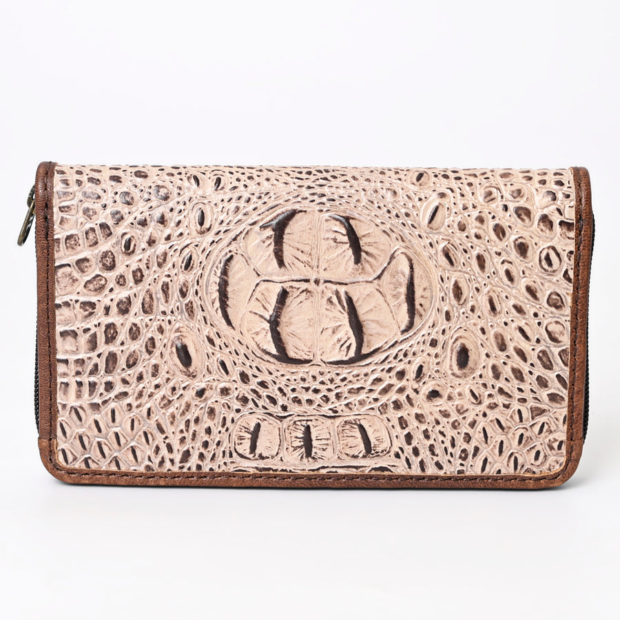 American Darling Western Organizer Bag Crocodile Embossed Hand Tooled Floral Carved Genuine Leather Wallet 4.5in (H) X 8in (W)