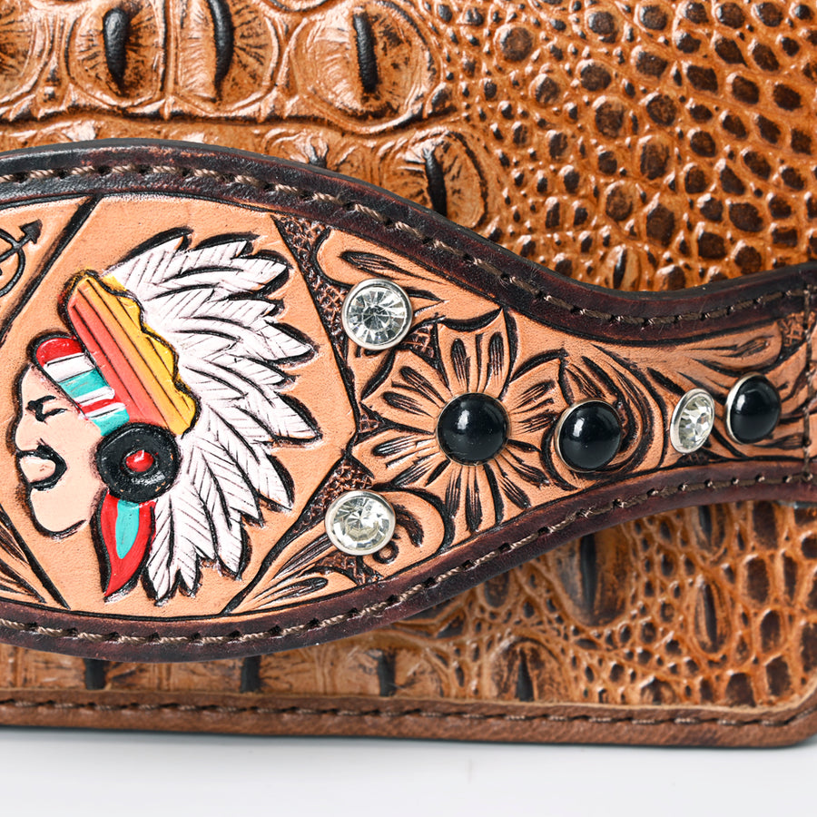 American Darling Western Organizer Bag Crocodile Embossed Hand Tooled Floral Carved Genuine Leather Wallet 4.5in (H) X 8in (W)