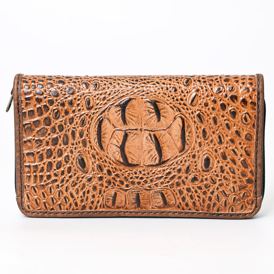 American Darling Western Organizer Bag Crocodile Embossed Hand Tooled Floral Carved Genuine Leather Wallet 4.5in (H) X 8in (W)