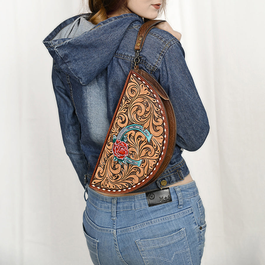 American Darling Hand-Tooled Leather Taco Handbag for Women – Genuine Full-Grain Leather Wristlet Clutch with Floral Carving and Zip Closure