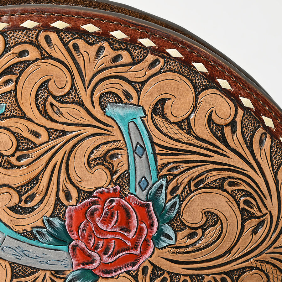 American Darling Hand-Tooled Leather Taco Handbag for Women – Genuine Full-Grain Leather Wristlet Clutch with Floral Carving and Zip Closure