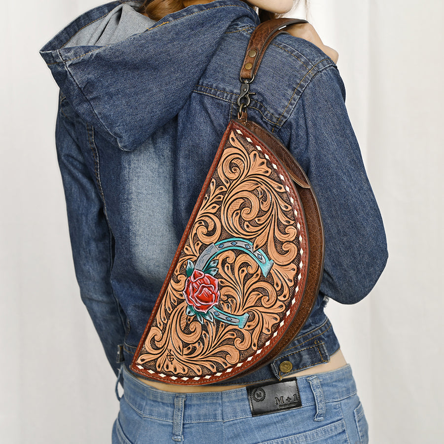 American Darling Hand-Tooled Leather Taco Handbag for Women – Genuine Full-Grain Leather Wristlet Clutch with Floral Carving and Zip Closure