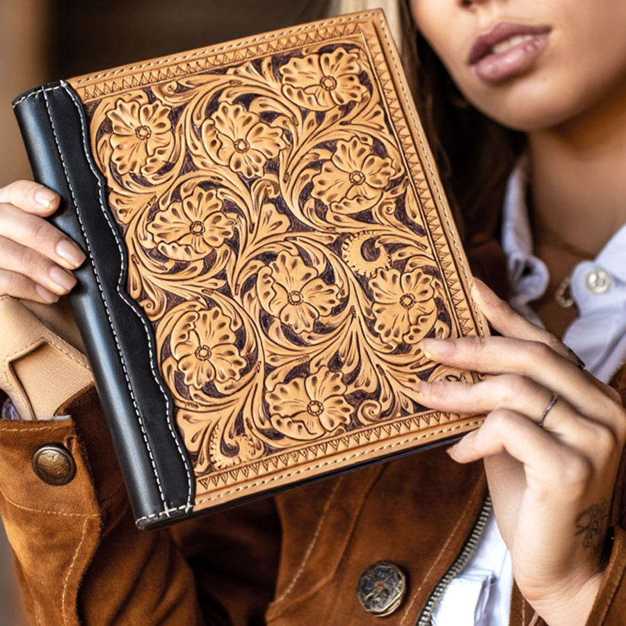 American Darling Western Portfolio Bag Hand Tooled Floral Carved Genuine Leather Document Holder 12in (H) X 9.5in (W)