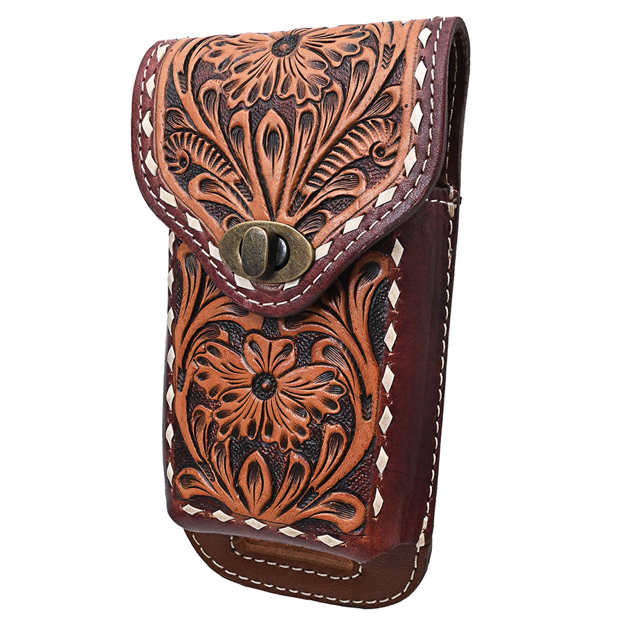 Hilason Horse Saddle Gorgeous Floral Tooled American Leather Cell Phone Case Pouch Tan-Dark Brown - Uhorse