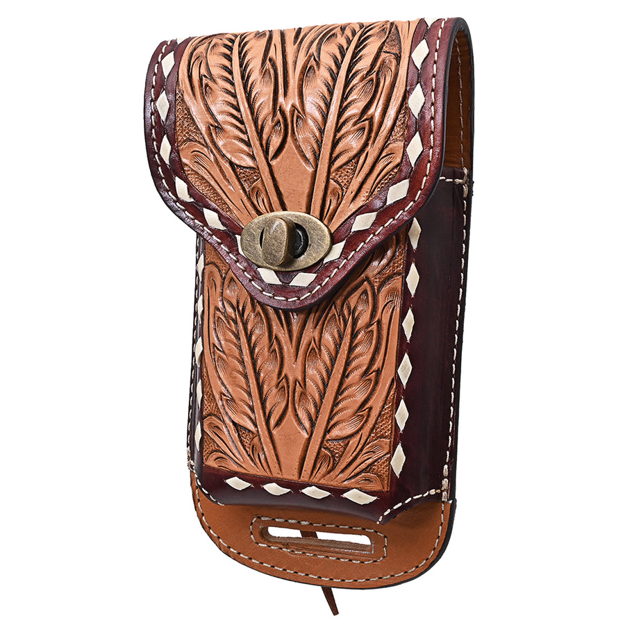 Hilason Horse Saddle American Leather Gorgeous Floral Tooled Tan Cell Phone Case Pouch - Uhorse