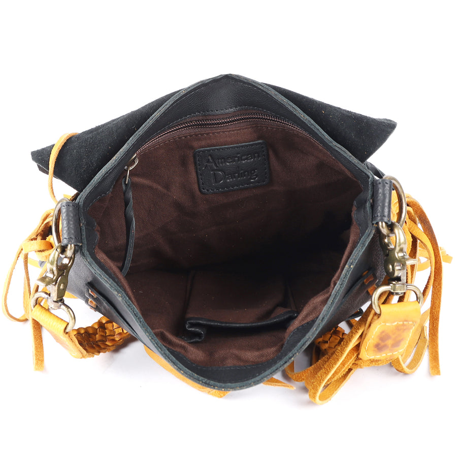 American Darling Cross body Bag Western Genuine Leather Handcrafted Purse with Fringes and Braided Detail