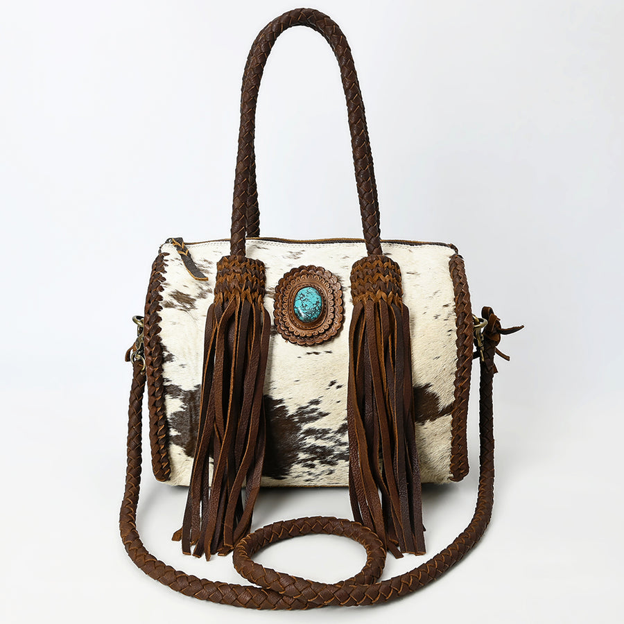 American Darling Speedy Bag Western Genuine Leather Handcrafted Purse with Fringes, Braided Handles and Turquoise Stone