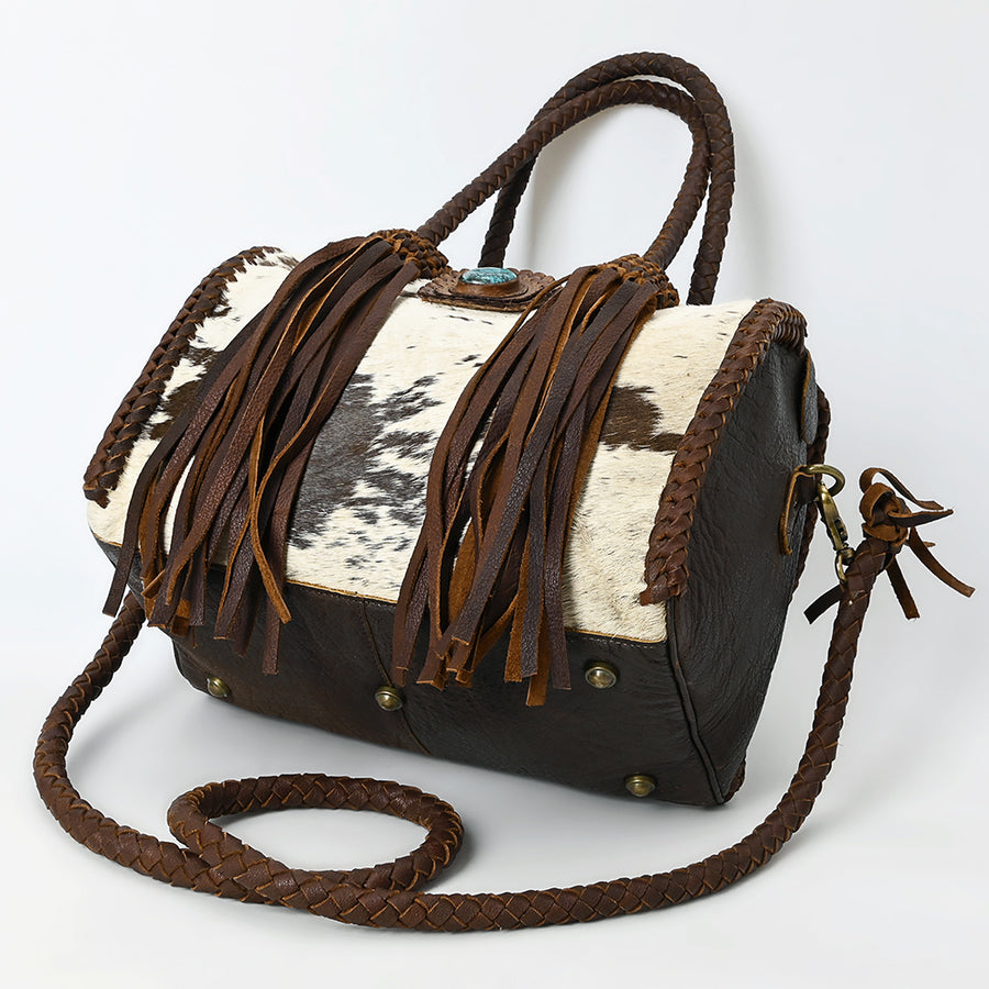American Darling Speedy Bag Western Genuine Leather Handcrafted Purse with Fringes, Braided Handles and Turquoise Stone