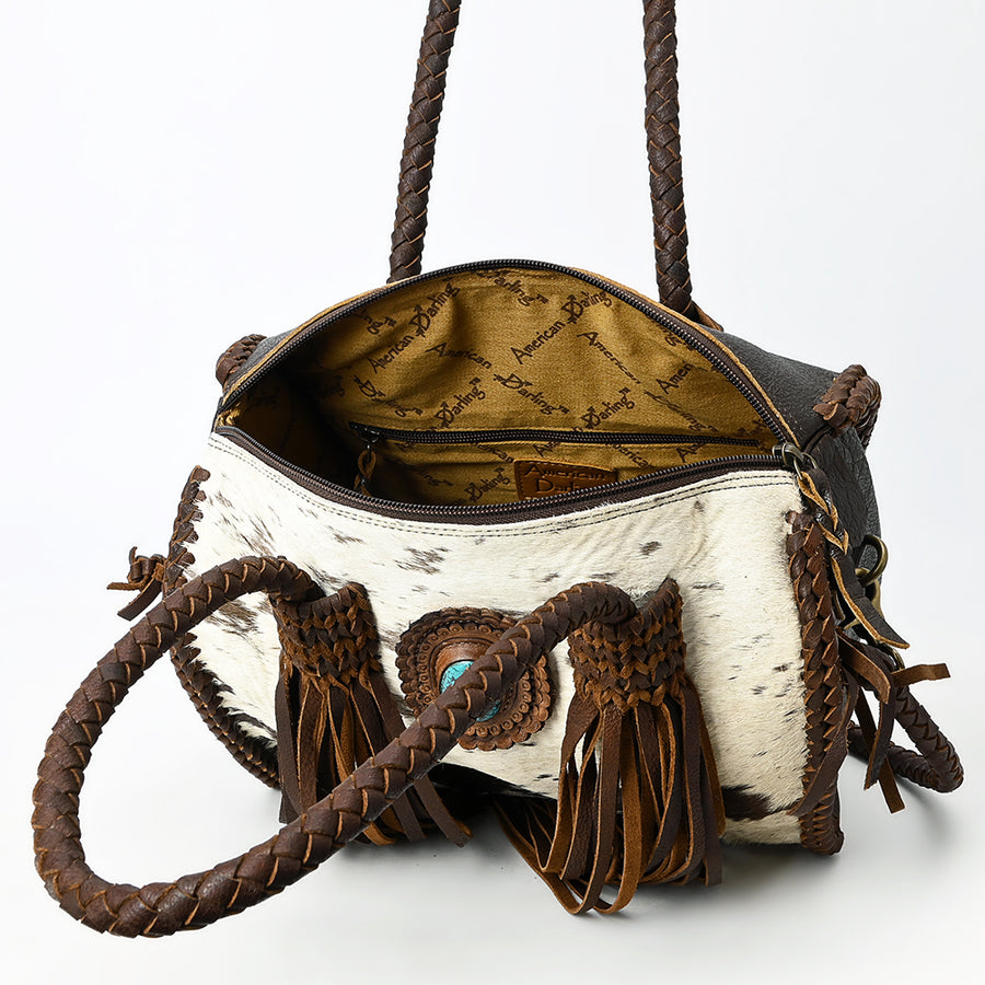 American Darling Speedy Bag Western Genuine Leather Handcrafted Purse with Fringes, Braided Handles and Turquoise Stone