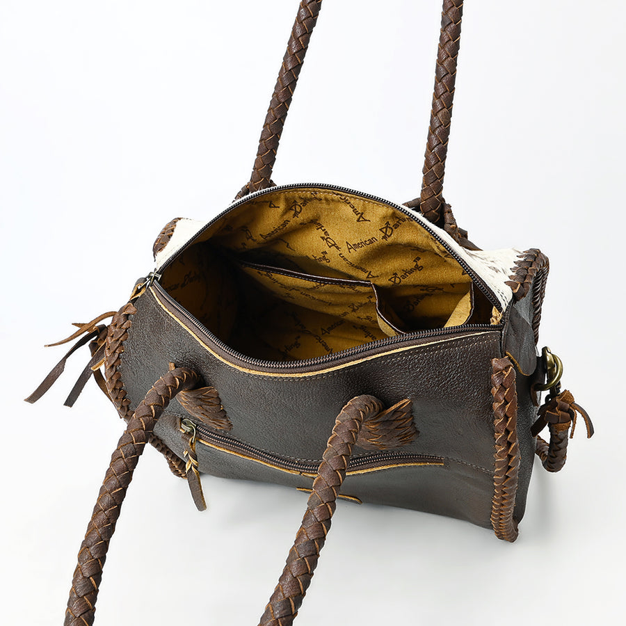 American Darling Speedy Bag Western Genuine Leather Handcrafted Purse with Fringes, Braided Handles and Turquoise Stone
