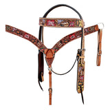 HILASON Western Horse Headstall & Breast Collar Tack Set American Leather Floral Carving Tan