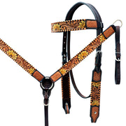 HILASON Western Horse Tack Set American Leather Dark Brown Harness | Headstall Breast Collar for Horses