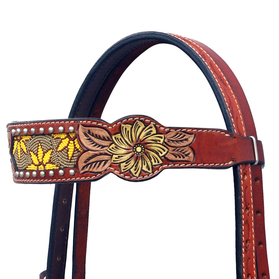 HILASON Western Leather Horse Headstall Breast Collar Floral Design Mahogany | Tack Set for Horses