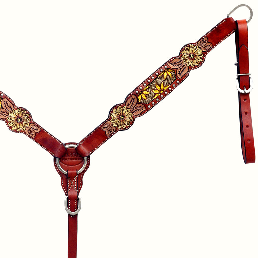 HILASON Western Leather Horse Headstall Breast Collar Floral Design Mahogany | Tack Set for Horses