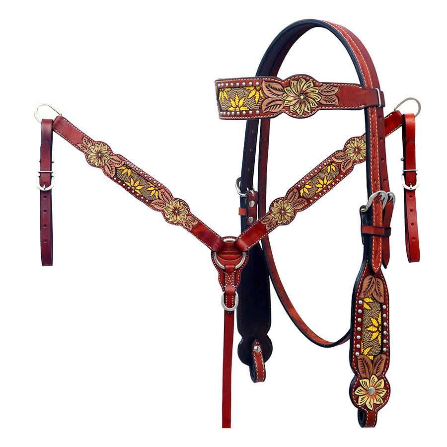 HILASON Western Horse Genuine Leather Floral Design Tack Set Mahogany - Uhorse
